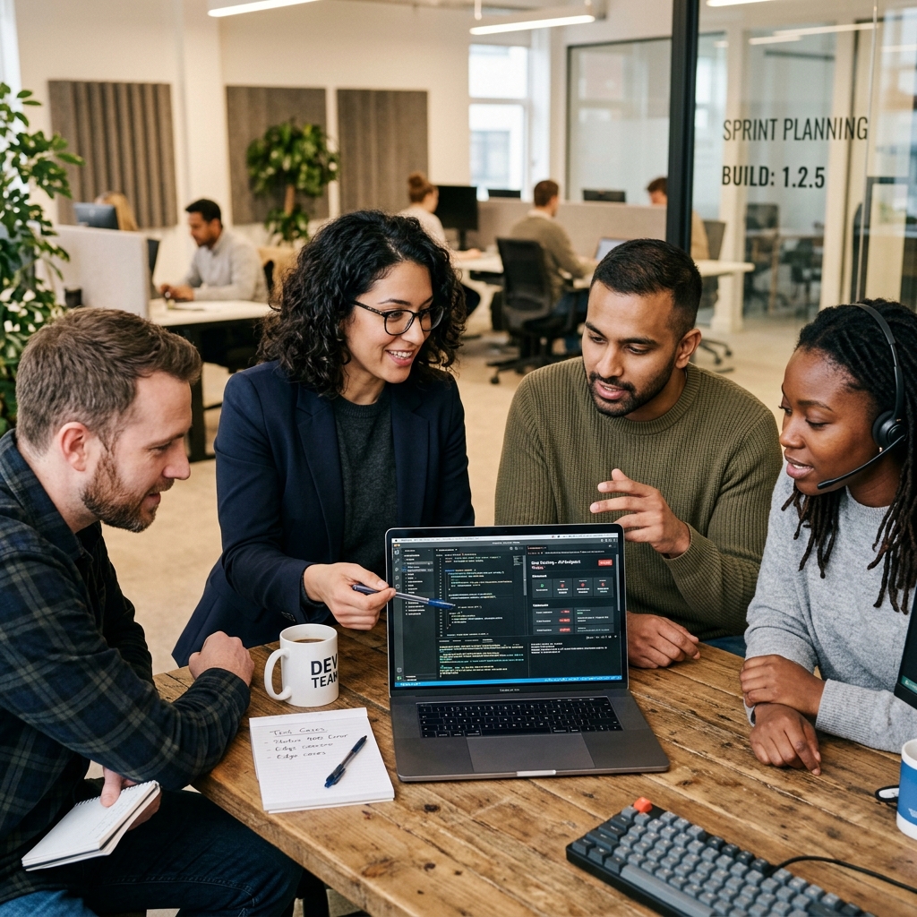 Team reviewing software on laptop